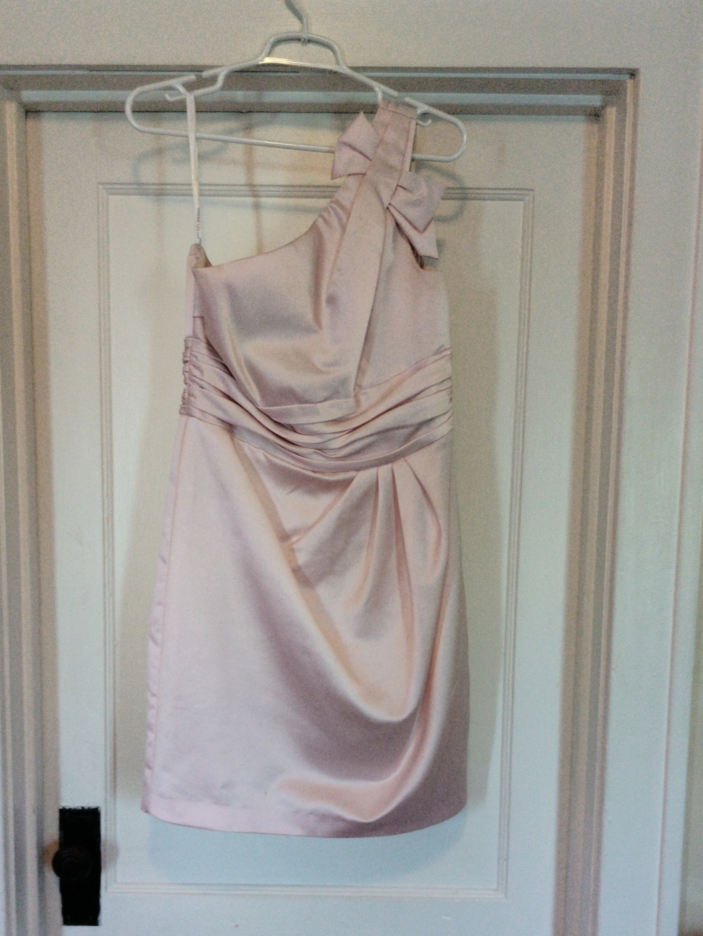 David's Bridal One-Shoulder Pale Pink Satin Dress with Shoulder Bow